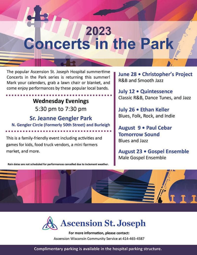 2023 Concerts in the Park – June 28, July 12, 26, August 9, 23