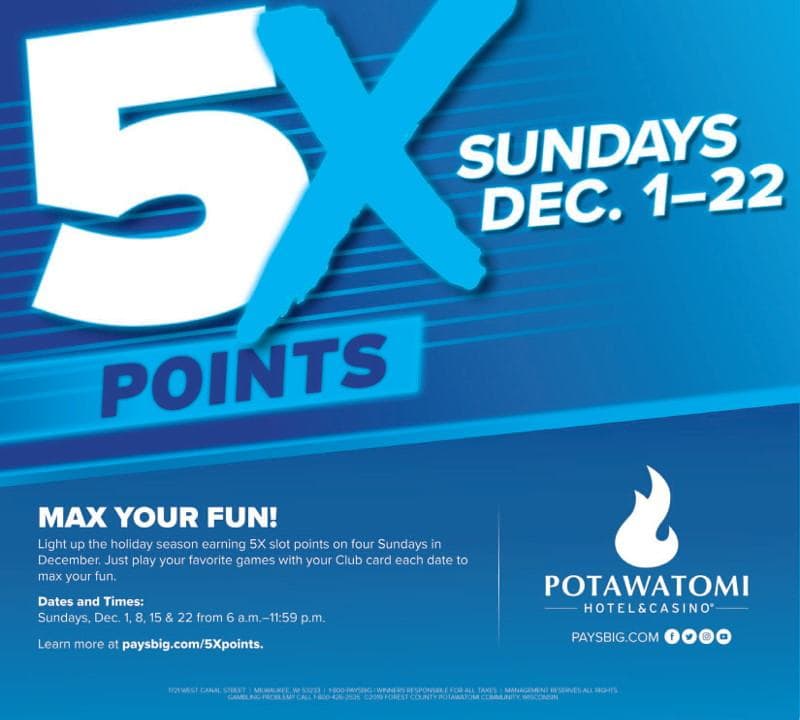 Max Your Fun with 5X Slot Points on Sundays December 1-22 at Potawatomi Hotel & Casino