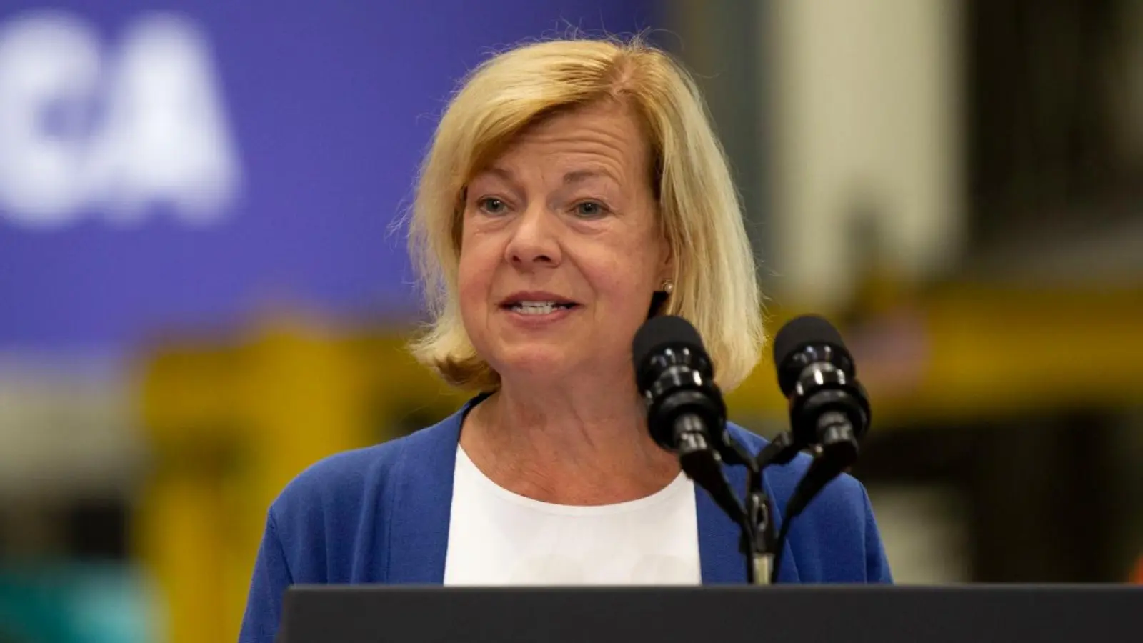 U.S. Sen. Tammy Baldwin, D-Wis., speaks during President Joe Biden’s visit to Wisconsin on Aug. 15, 2023, at a factory in Milwaukee.