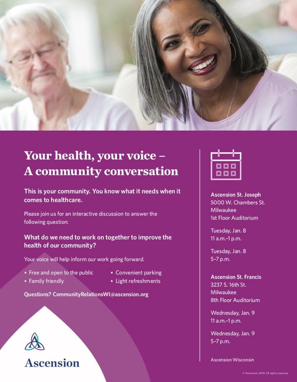 Your Health, Your Voice – A Community Conversation on Jan 8 and 9 at Ascension