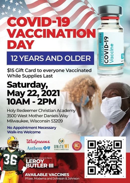 May 22 is Covid-19 Vaccination Day – 12 Years and Older – $15 Gift Card to Everyone Vaccinated
