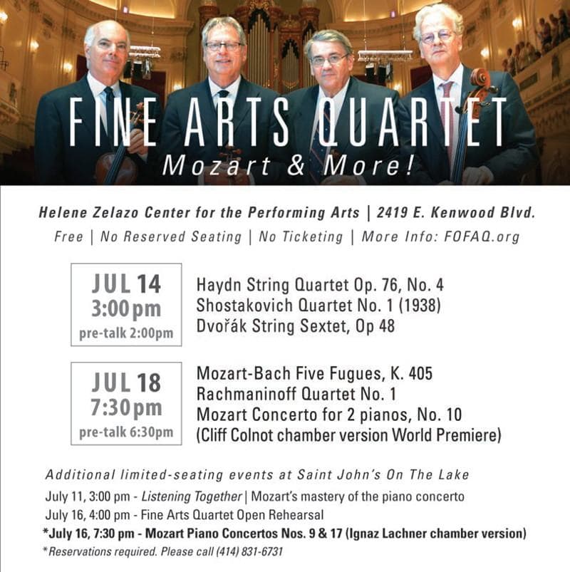 Fine Arts Quartet – Mozart and More! on July 14 & 18