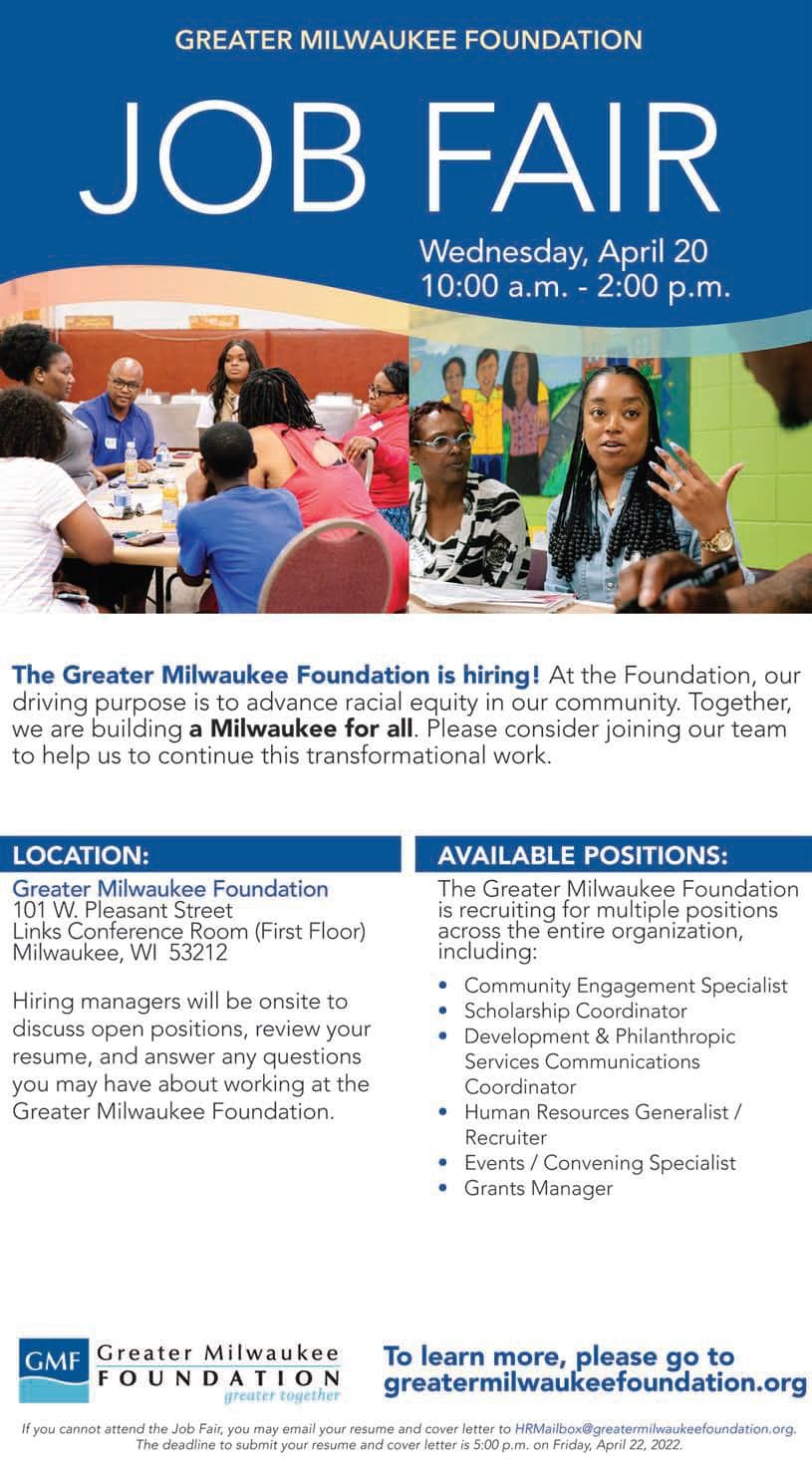 Greater Milwaukee Foundation Job Fair on Wednesday April 20