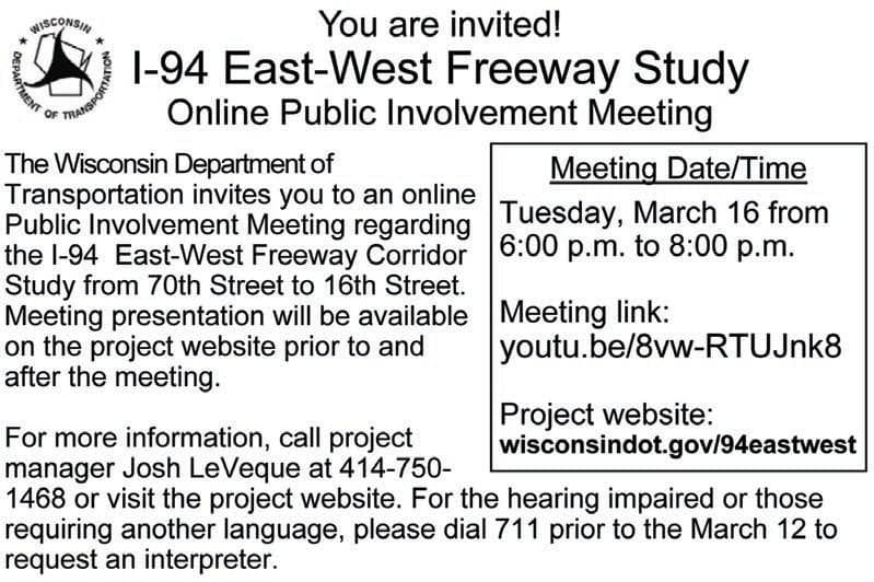 I-94 East-West Freeway Study Public Involvement Meeting on March 16