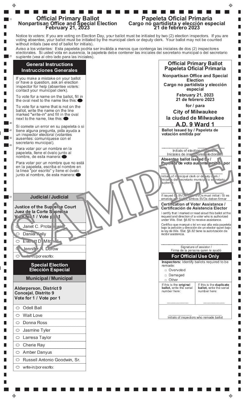 Notice of Spring Primary and Special Aldermanic Primary and Sample Ballot – February 21, 2023