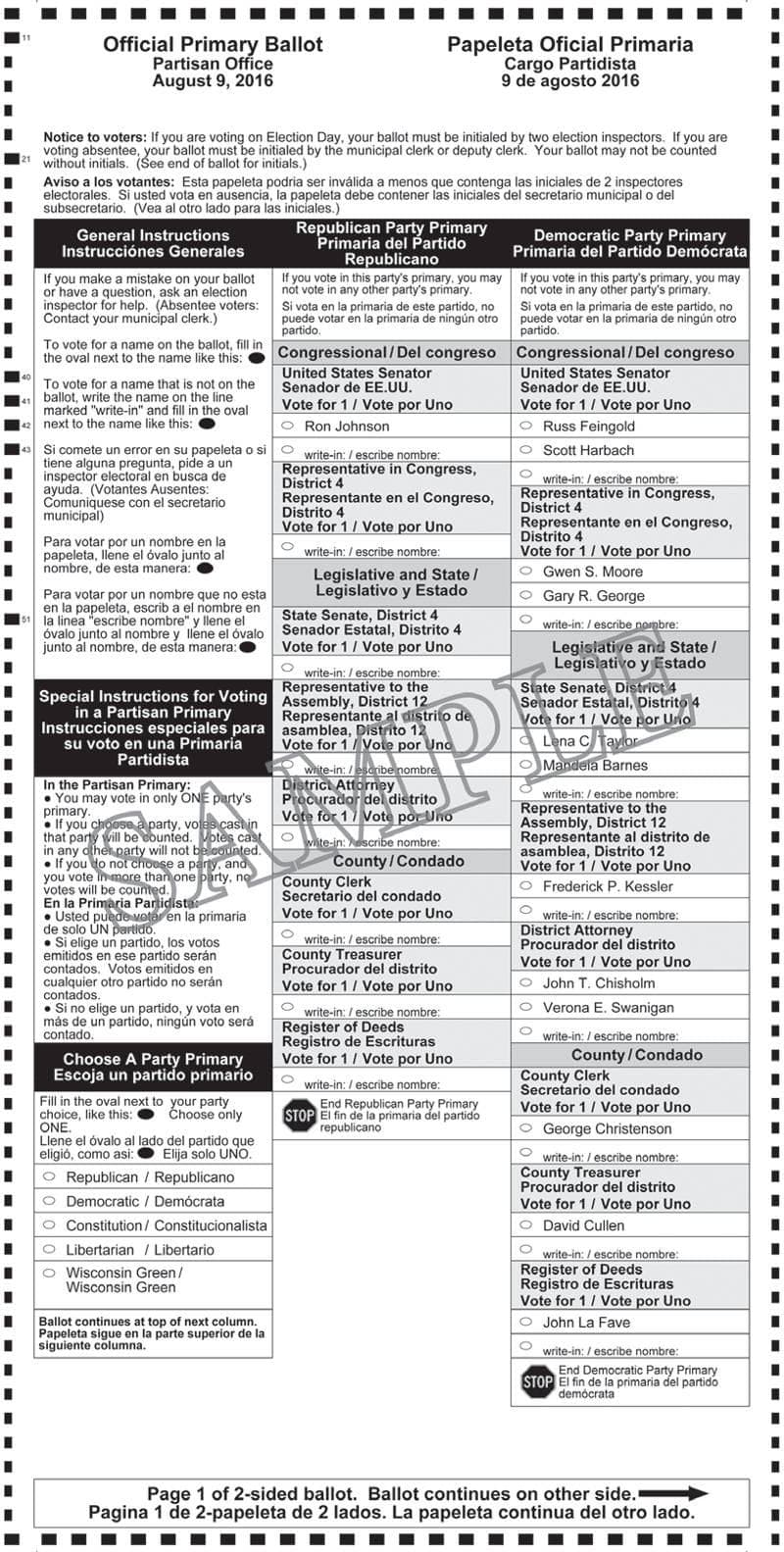 Notice of Partisan Primary and Sample Ballots August 9, 2016