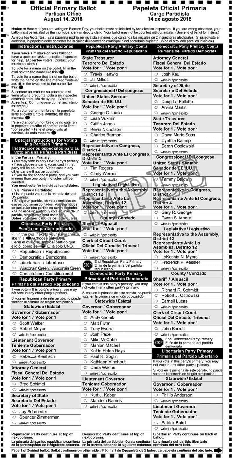 Notice of Partisan Primary and Sample Ballots August 14, 2018