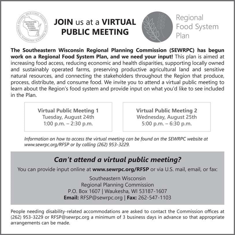 Southeastern Wisconsin Regional Food System Plan Virtual Public Meetings on August 24 and 25