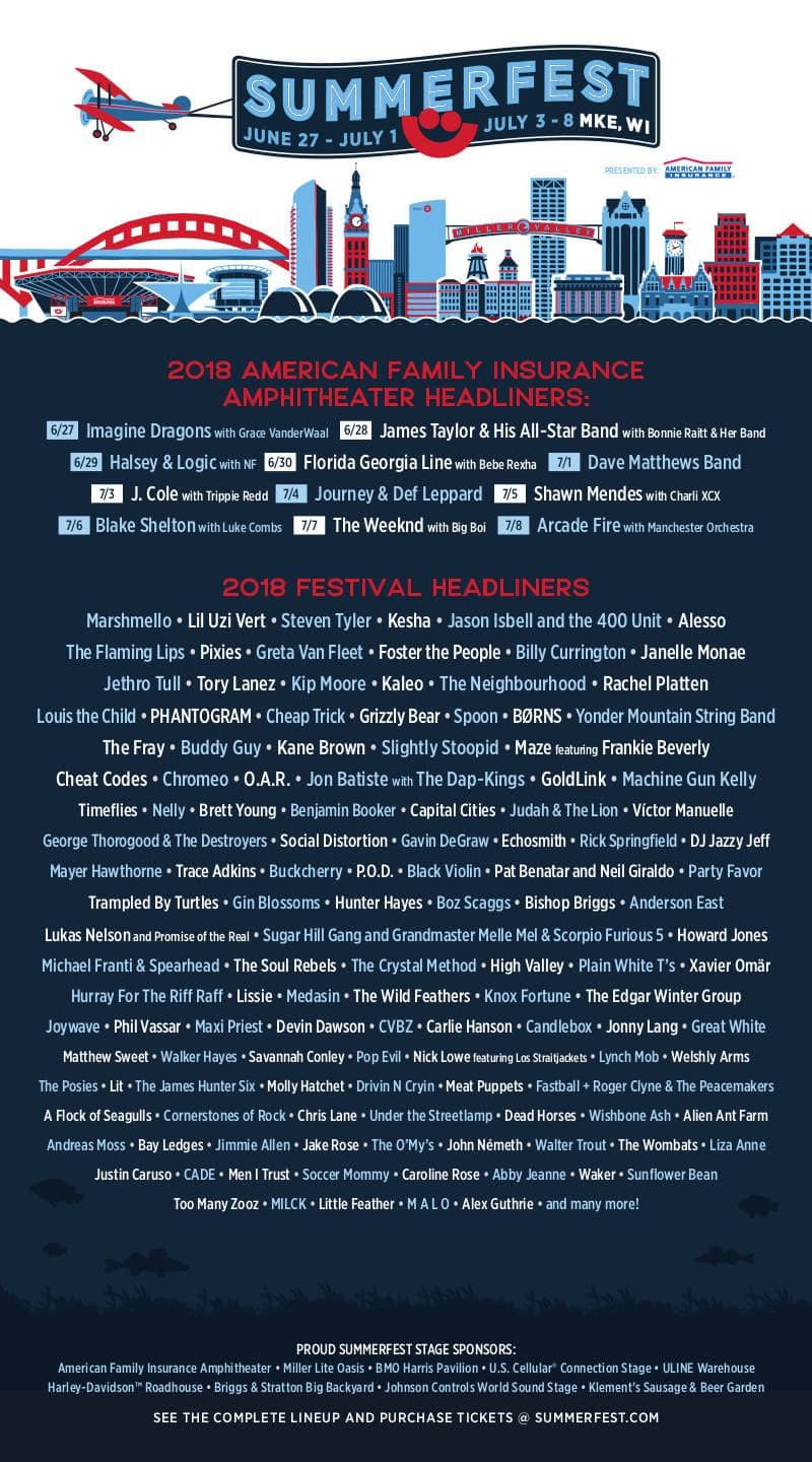 Summerfest 2018 Ampitheater and Festival Headliners