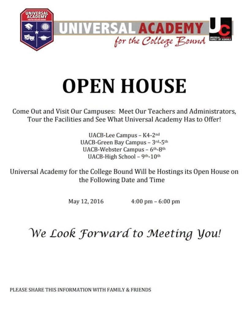Universal Academy for the College Bound Open House May 12