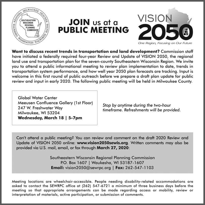 Southeastern Wisconsin Region Vision 2050 Public Meeting on March 18