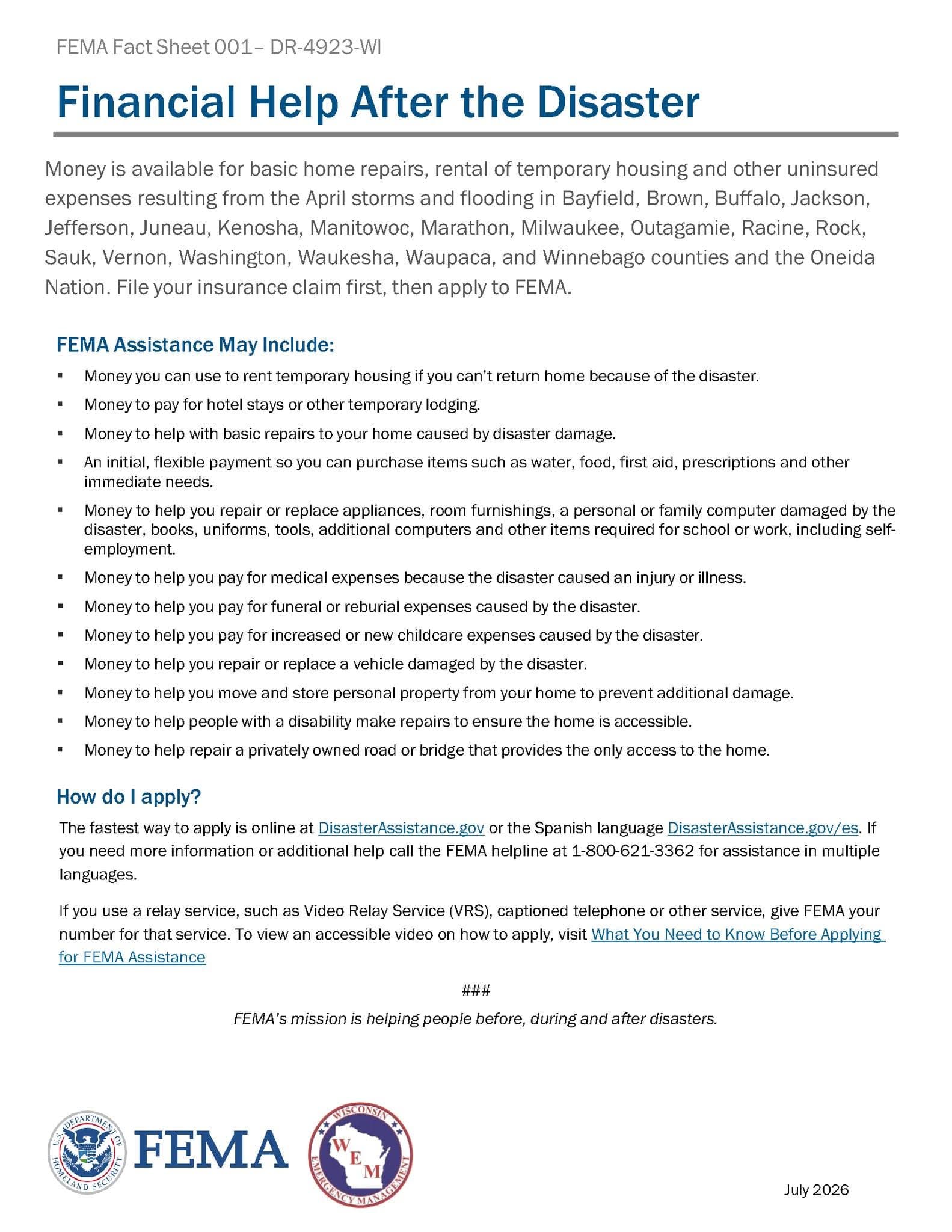 April Storm Disaster Assistance Site Available in Sauk County